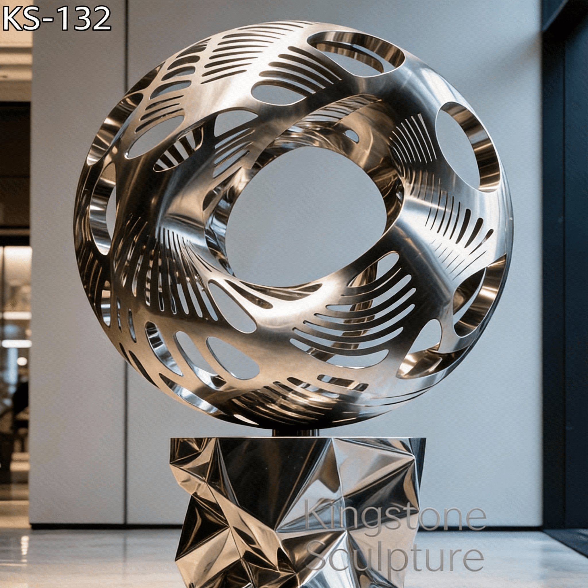 KS - 132 Modern Mirror Stainless Steel Geometric Filigree Sphere Sculpture - Kingstone Sculpture