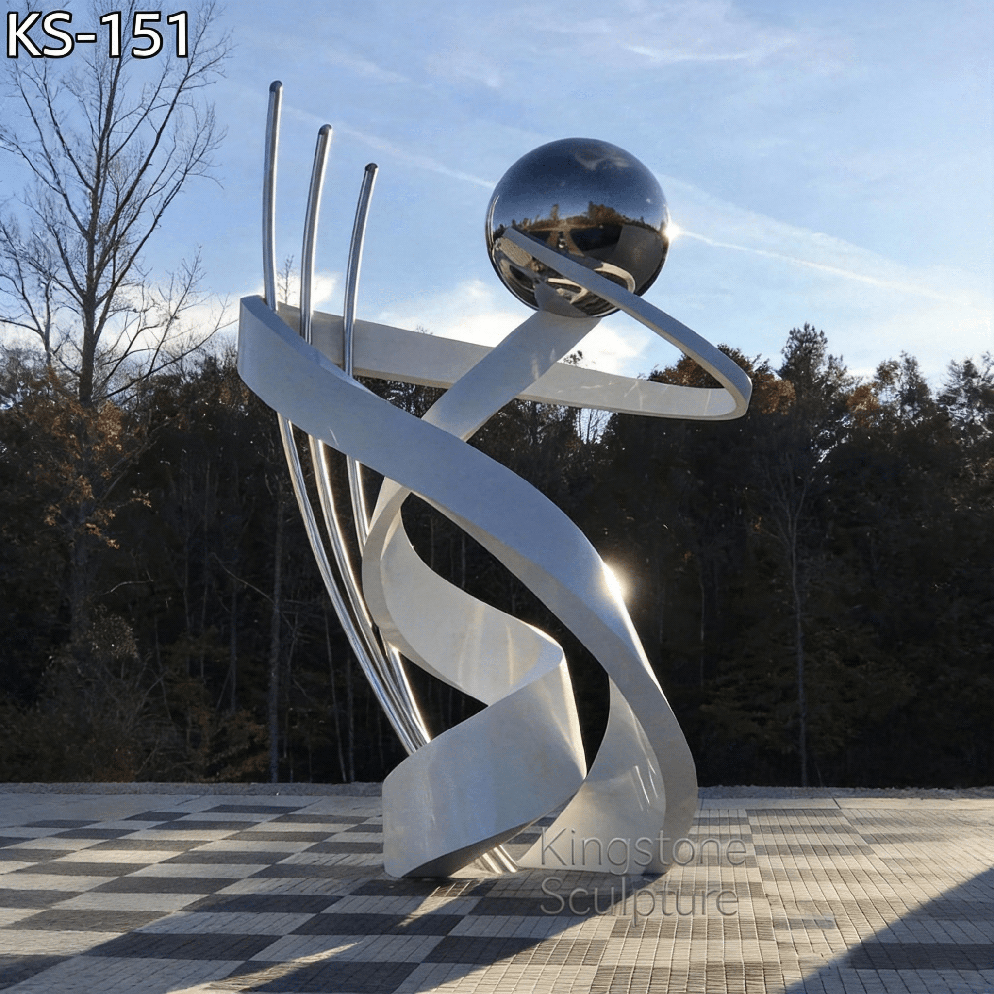 KS - 151 Modern Painted Stainless Steel Sphere and Ribbon Sculpture - Kingstone Sculpture