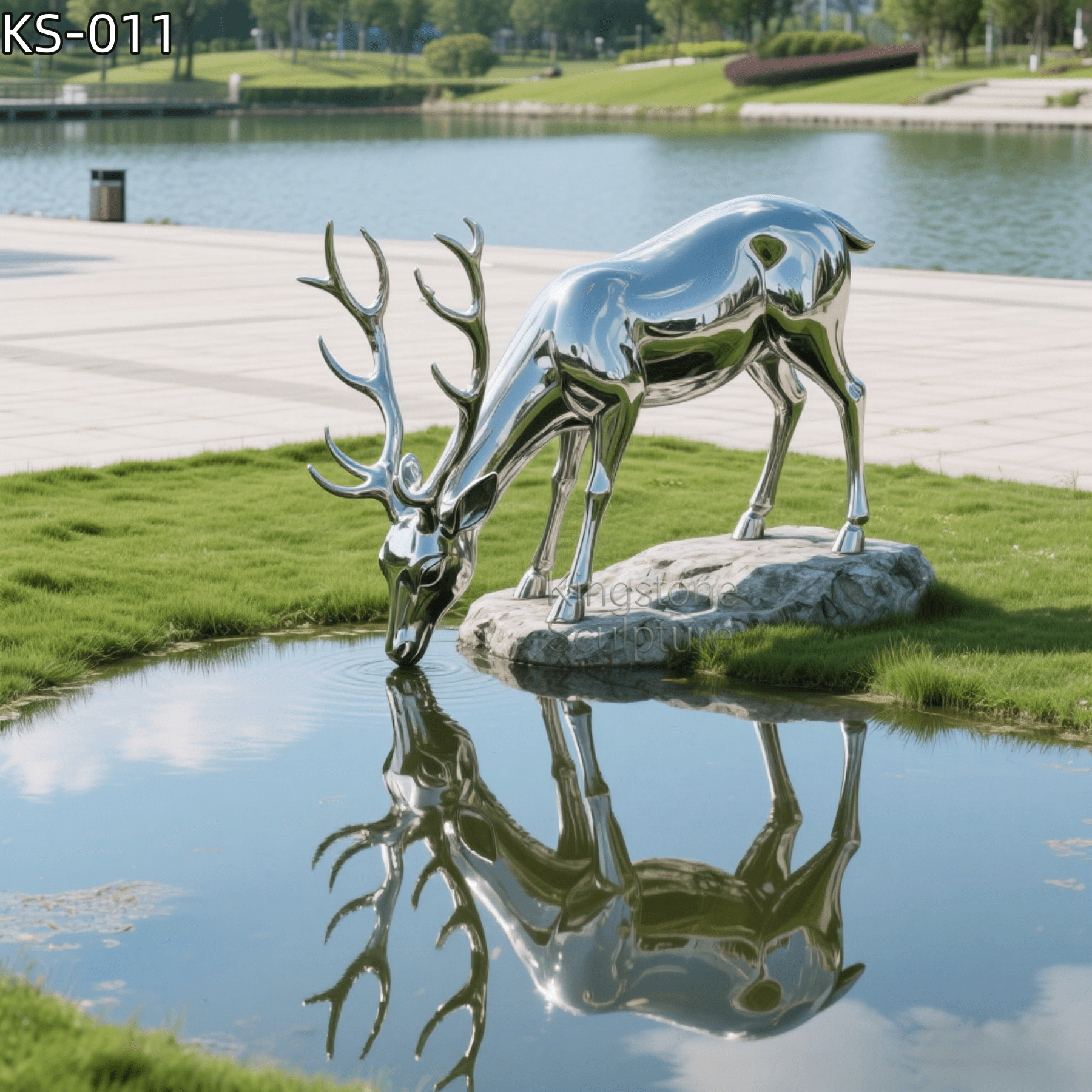 KS - 011 Contemporary Mirror Stainless Steel Grazing Deer Sculpture - Kingstone Sculpture