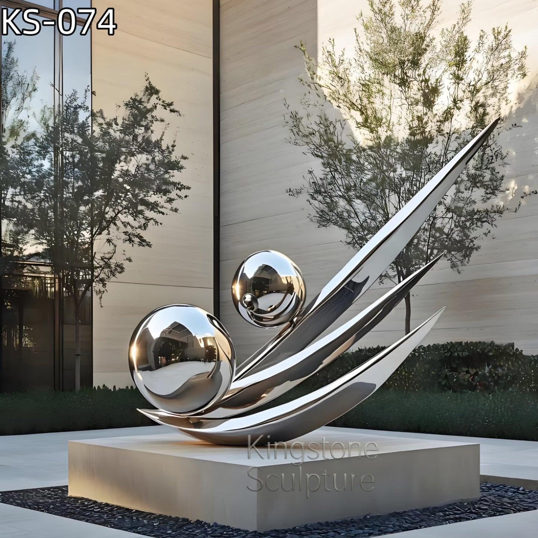 KS - 074 Modern Mirror Stainless Steel Abstract Spheres and Sails Sculpture - Kingstone Sculpture
