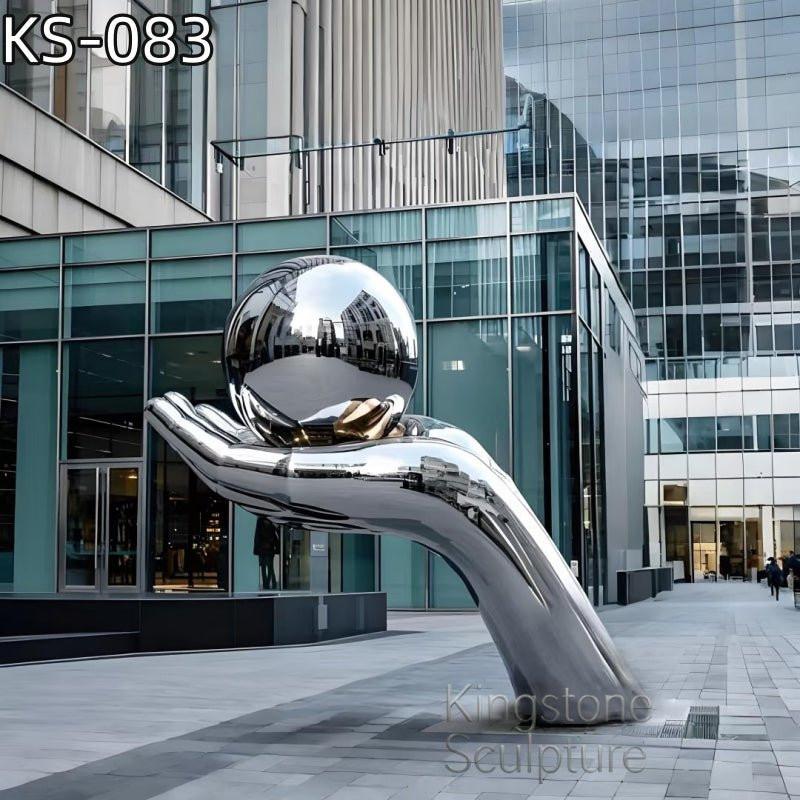 KS - 083 Modern Mirror Stainless Steel Reaching Hand and Sphere Sculpture - Kingstone Sculpture