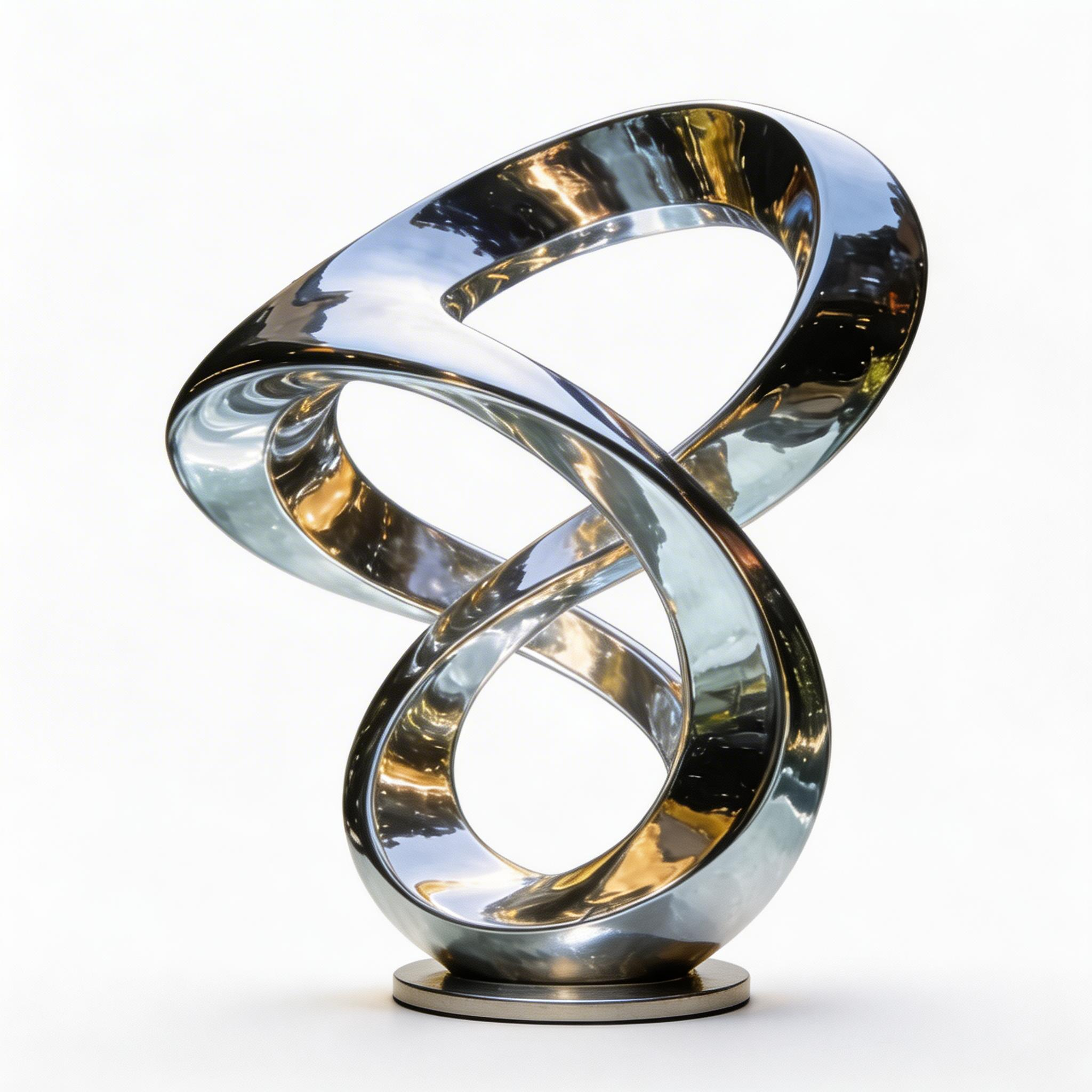 KS-158 abstract interlocking loop sculpture in mirror-polished stainless steel, shown against a white background.