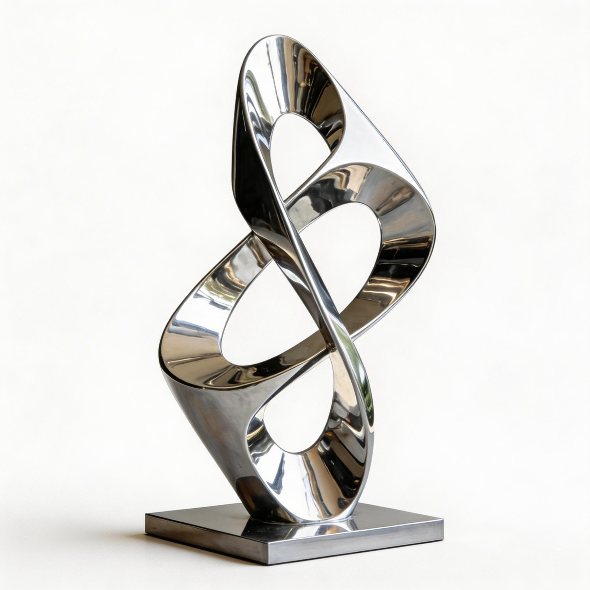 KS-160 monumental abstract intertwined ribbon sculpture in mirror-polished stainless steel on a black pedestal, shown against a white background.