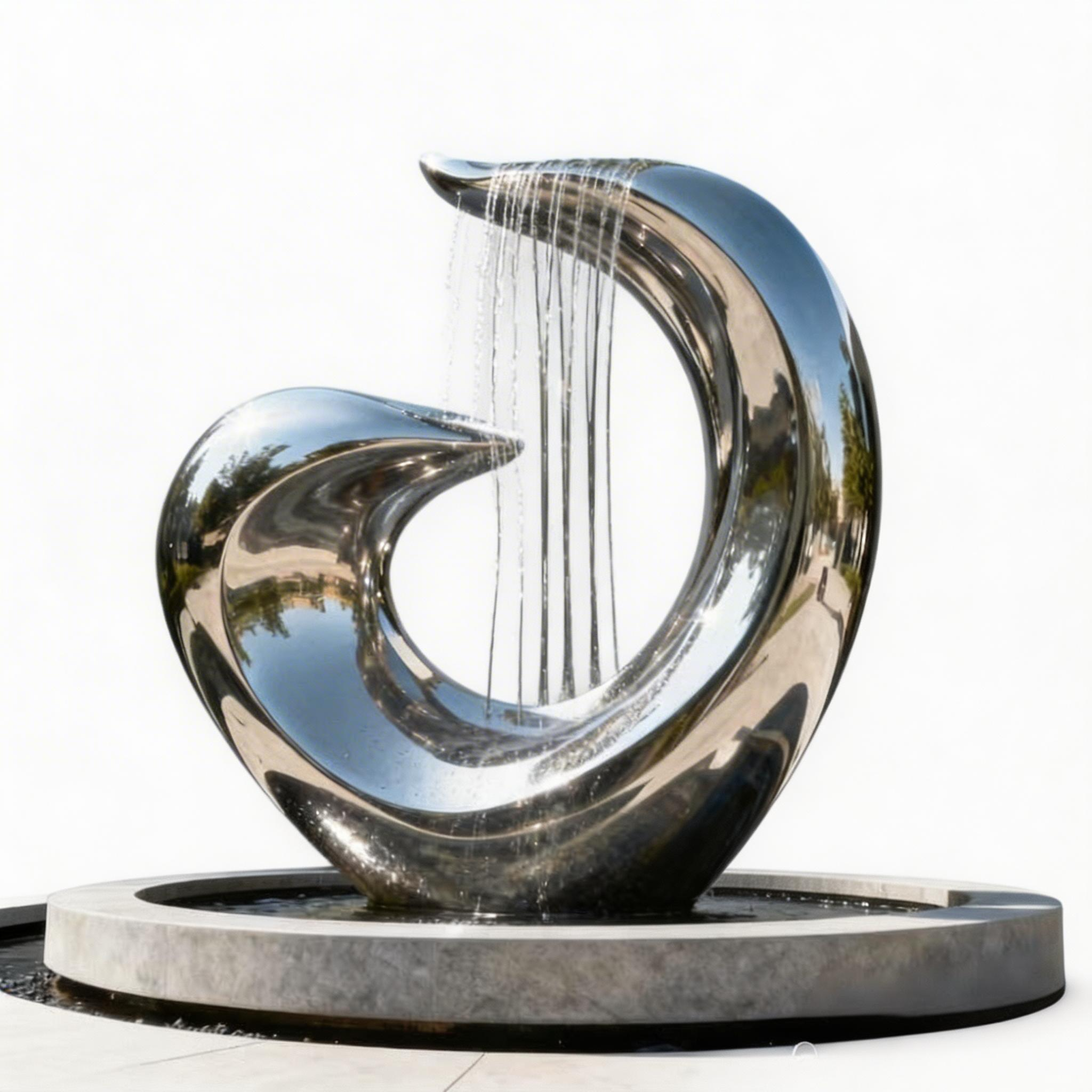 KS-162 abstract ethereal twist sculpture in mirror-polished stainless steel on a black base, shown against a white background.