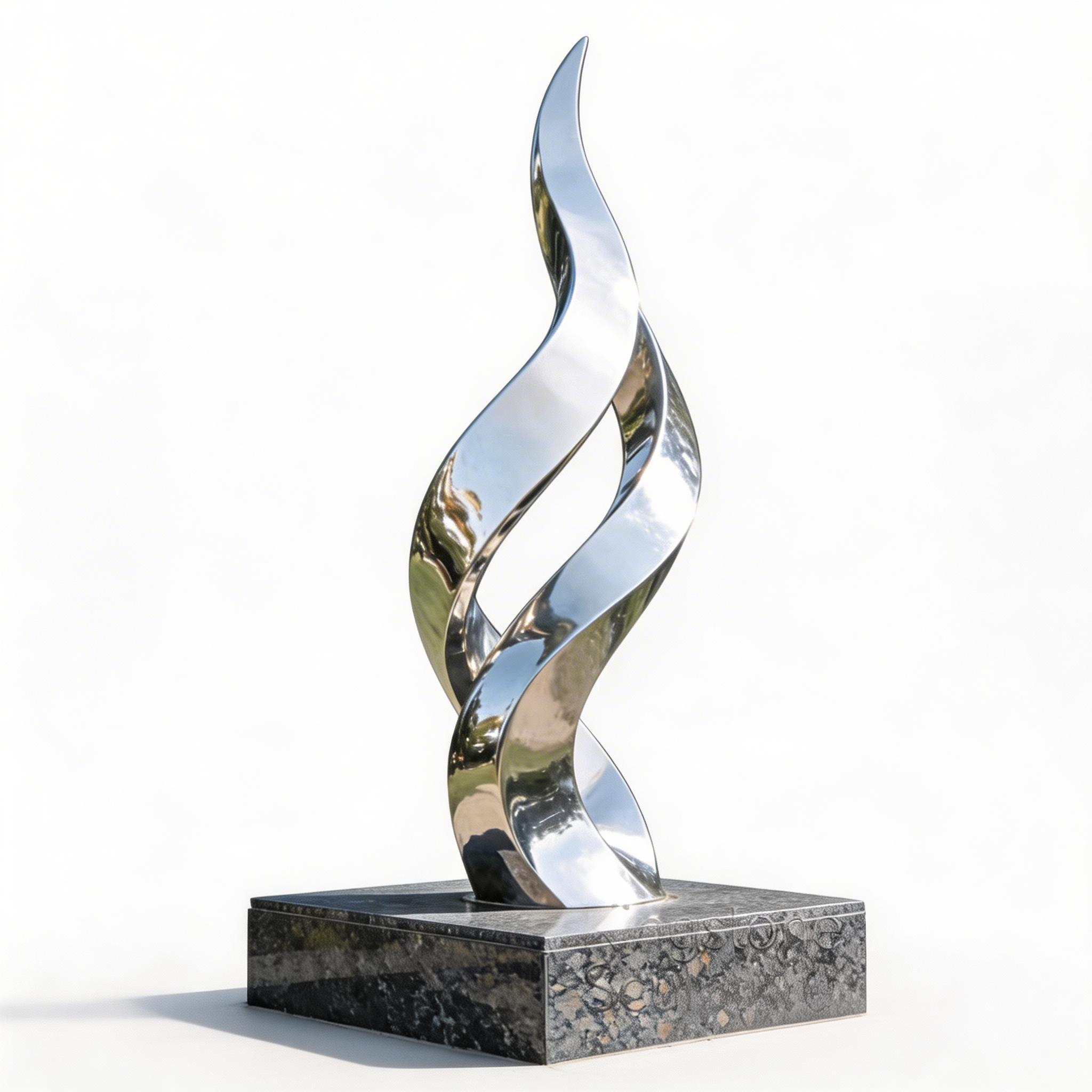KS-163 abstract helix symphony sculpture in mirror-polished stainless steel on a black pedestal, shown against a white background.