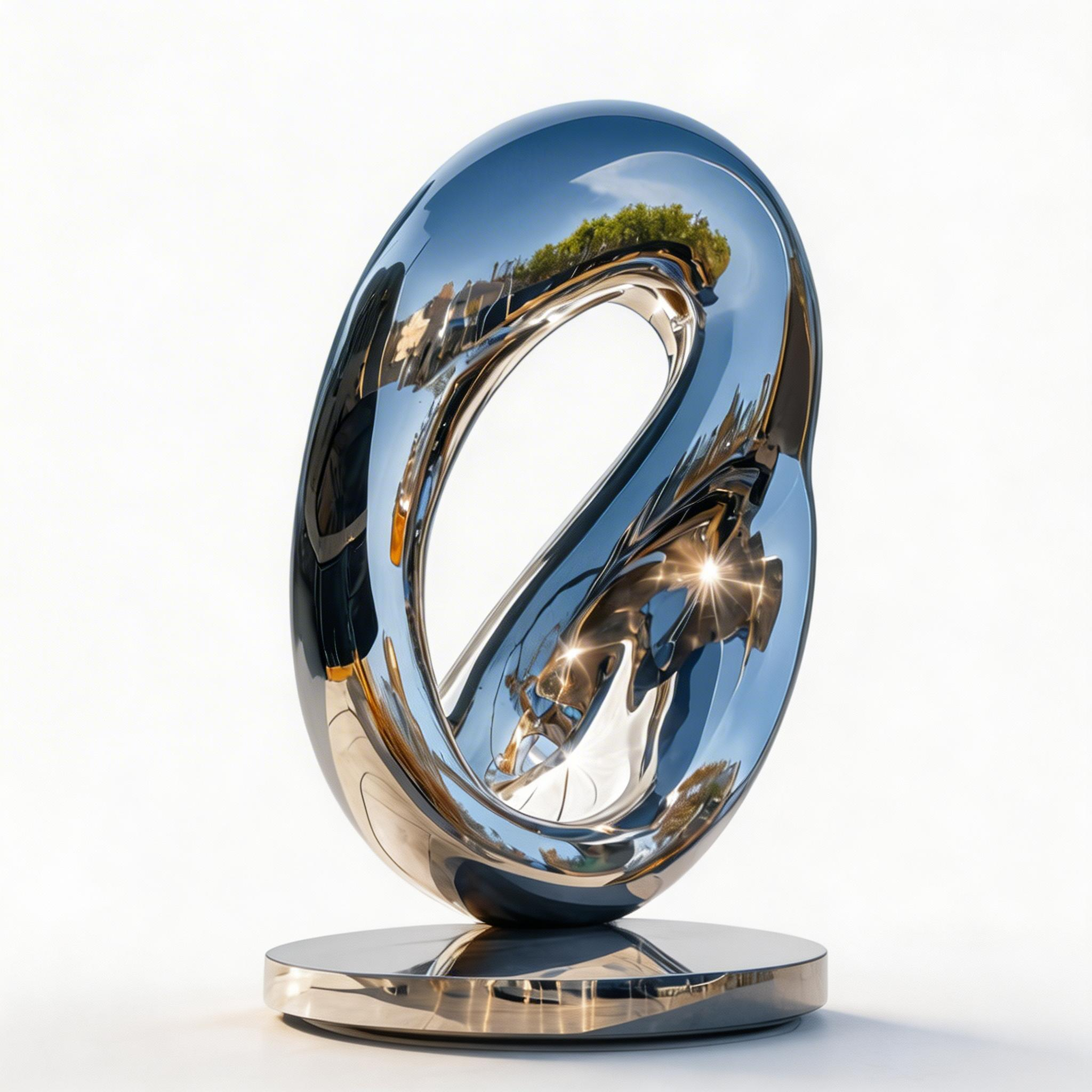 KS-165 abstract flame helix sculpture in mirror-polished stainless steel on a black pedestal, shown against a white background.