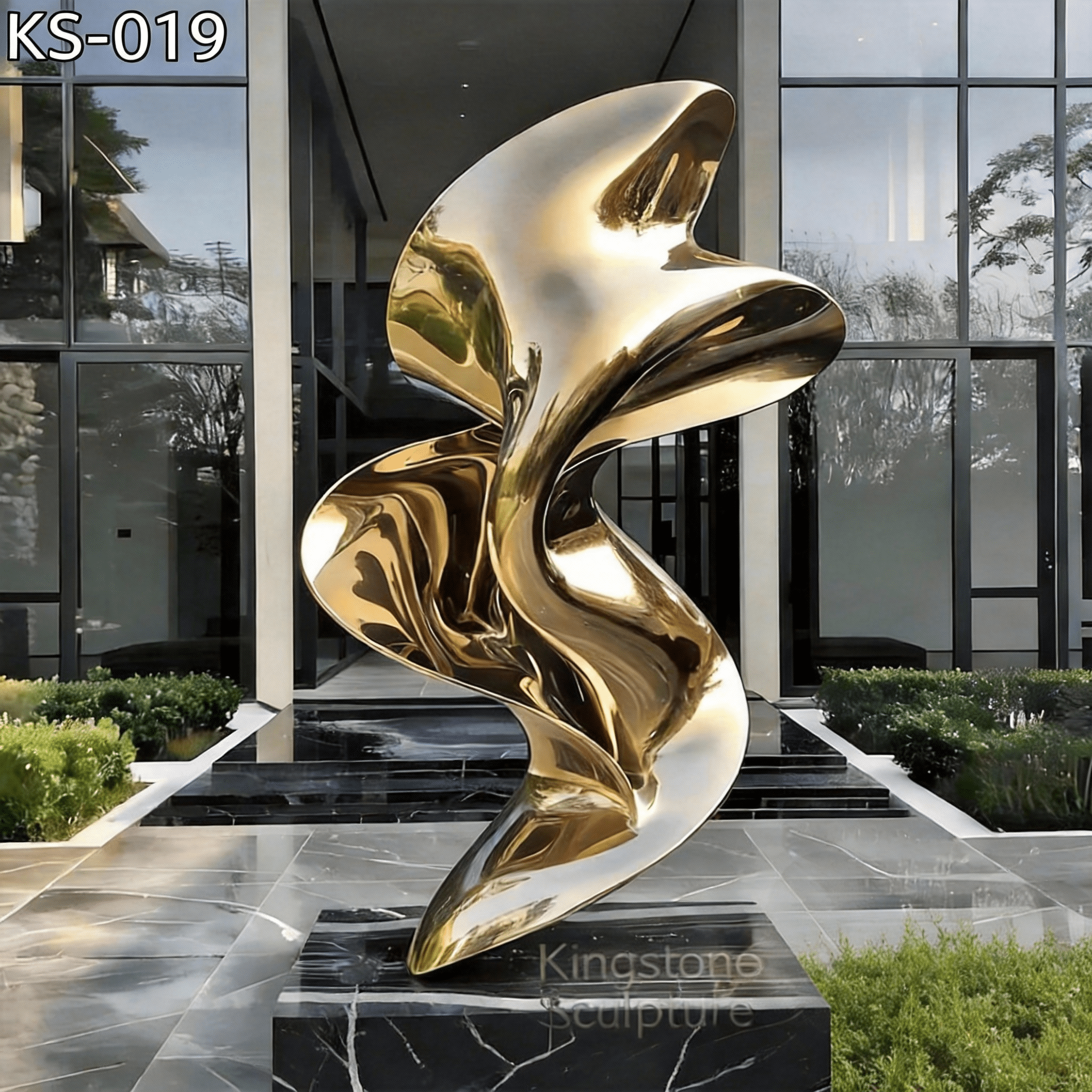 KS - 019 Modern Mirror Stainless Steel Gold Abstract Sculpture - Kingstone Sculpture