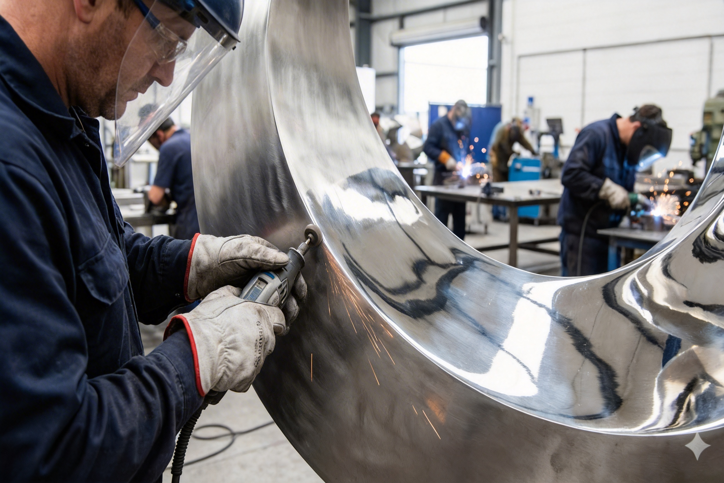 High-mirror polishing process by expert artisans at Kingstone stainless steel sculpture factory.