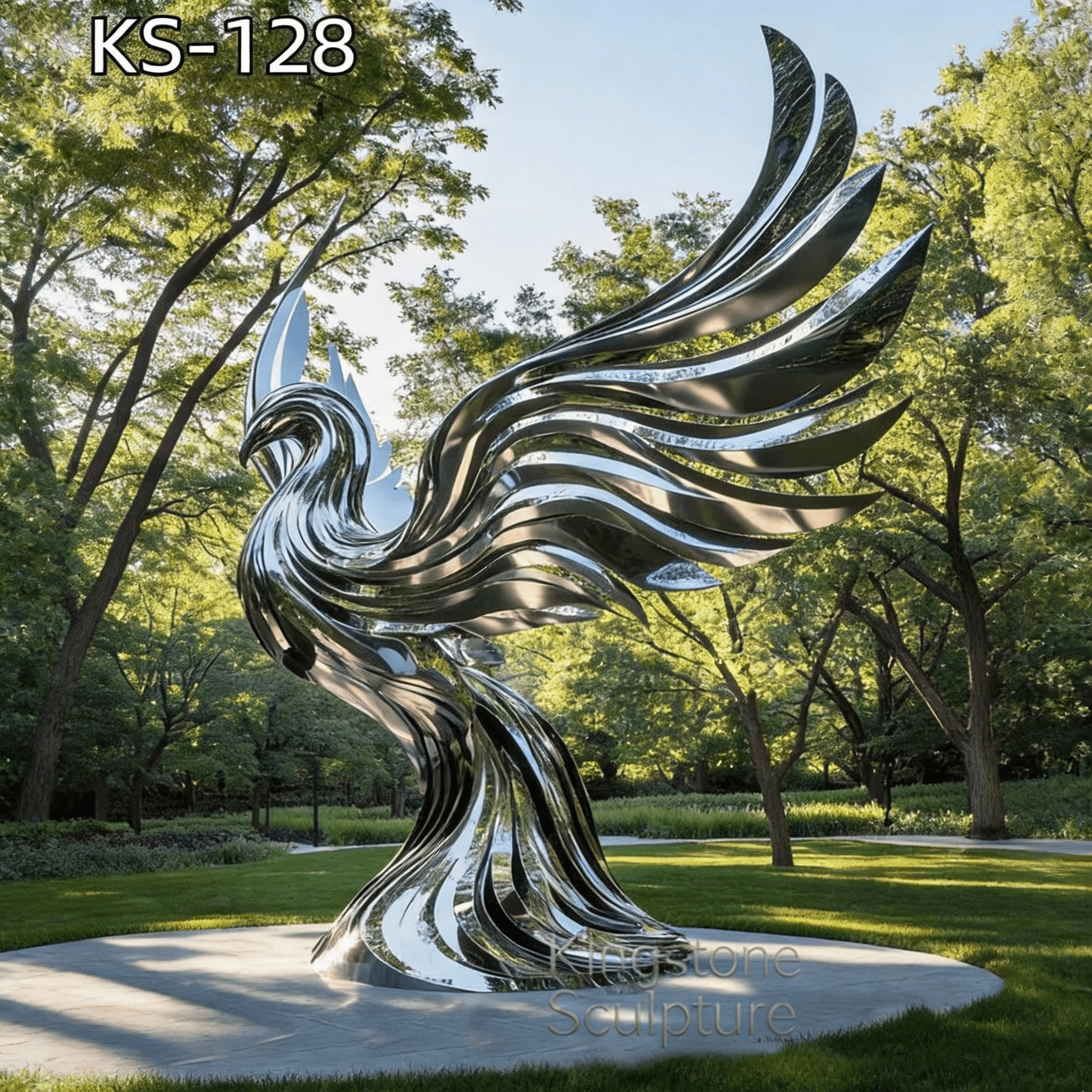 KS - 128 Modern Mirror Stainless Steel Phoenix Rising Sculpture - Kingstone Sculpture