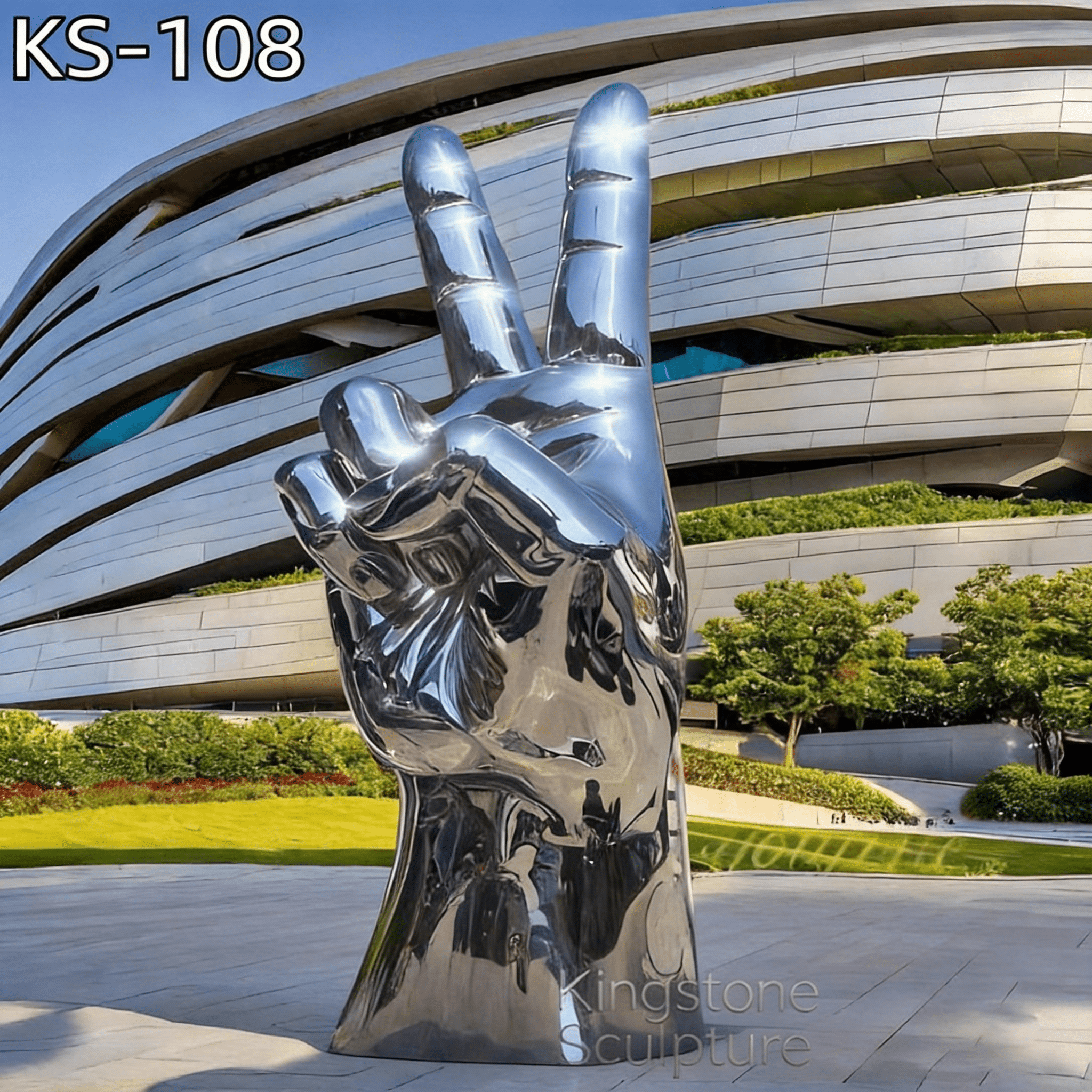 KS - 108 Modern Mirror Stainless Steel Monumental Victory Hand Sculpture - Kingstone Sculpture