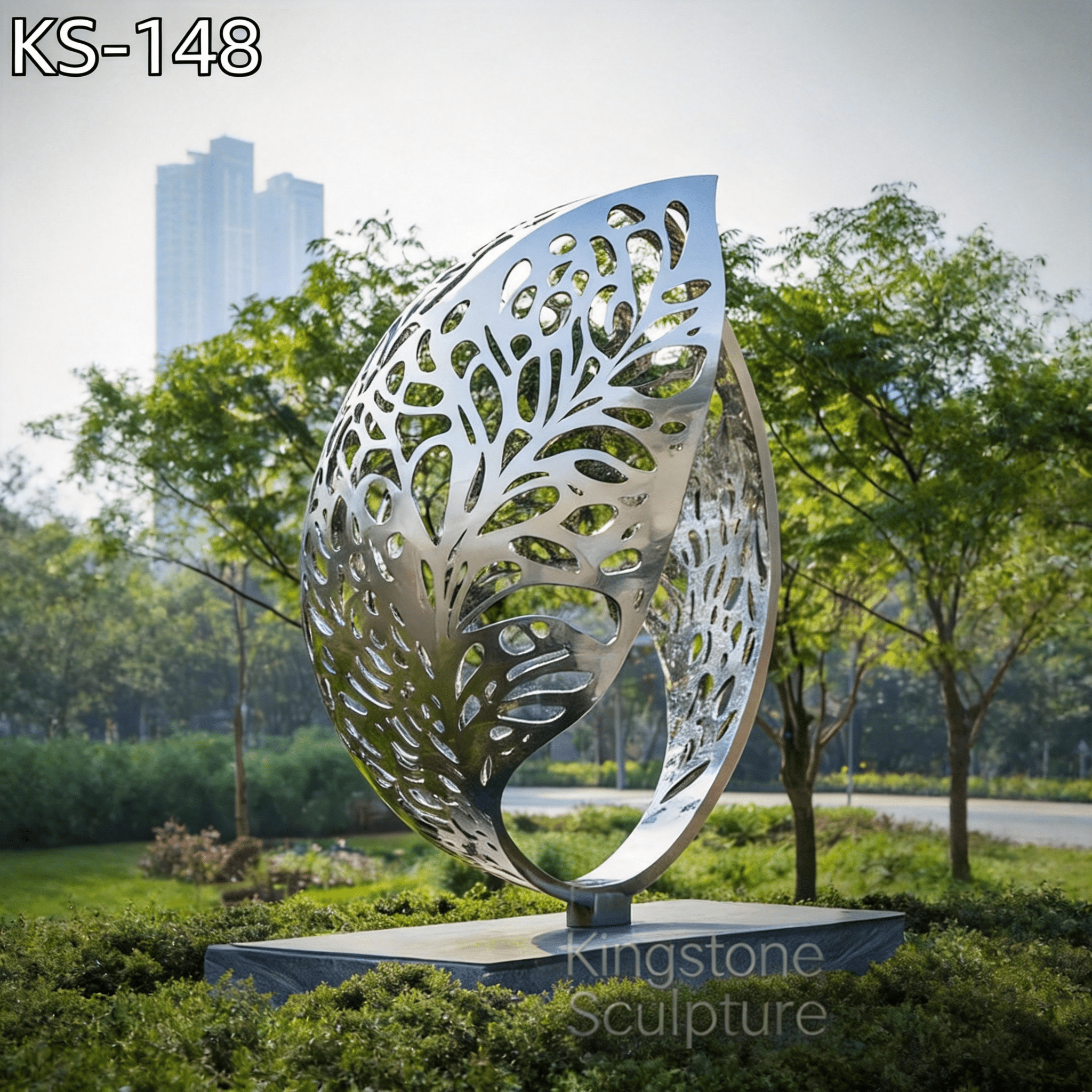 KS - 148 Modern Mirror Stainless Steel Abstract Filigree Tree Leaf Sculpture - Kingstone Sculpture