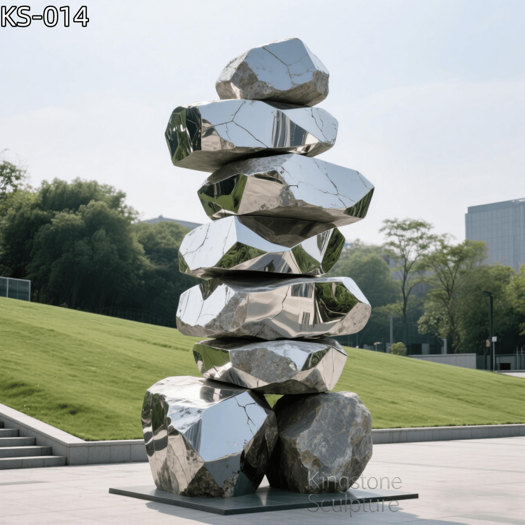 KS - 014 Modern Mirror Stainless Steel Stacked Geometric Stone Sculpture - Kingstone Sculpture