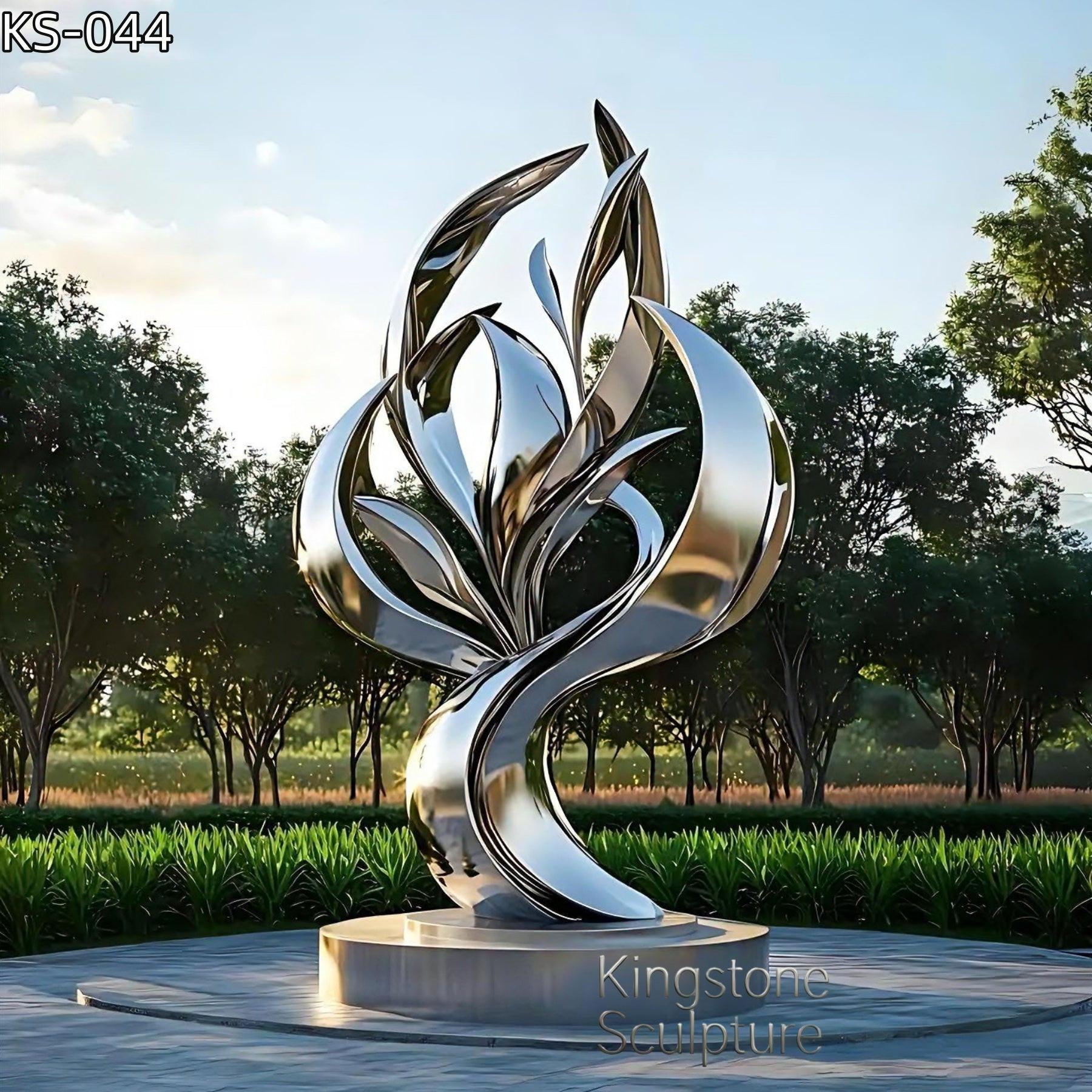 KS - 044 Modern Mirror Stainless Steel Abstract Floral Flame Sculpture - Kingstone Sculpture