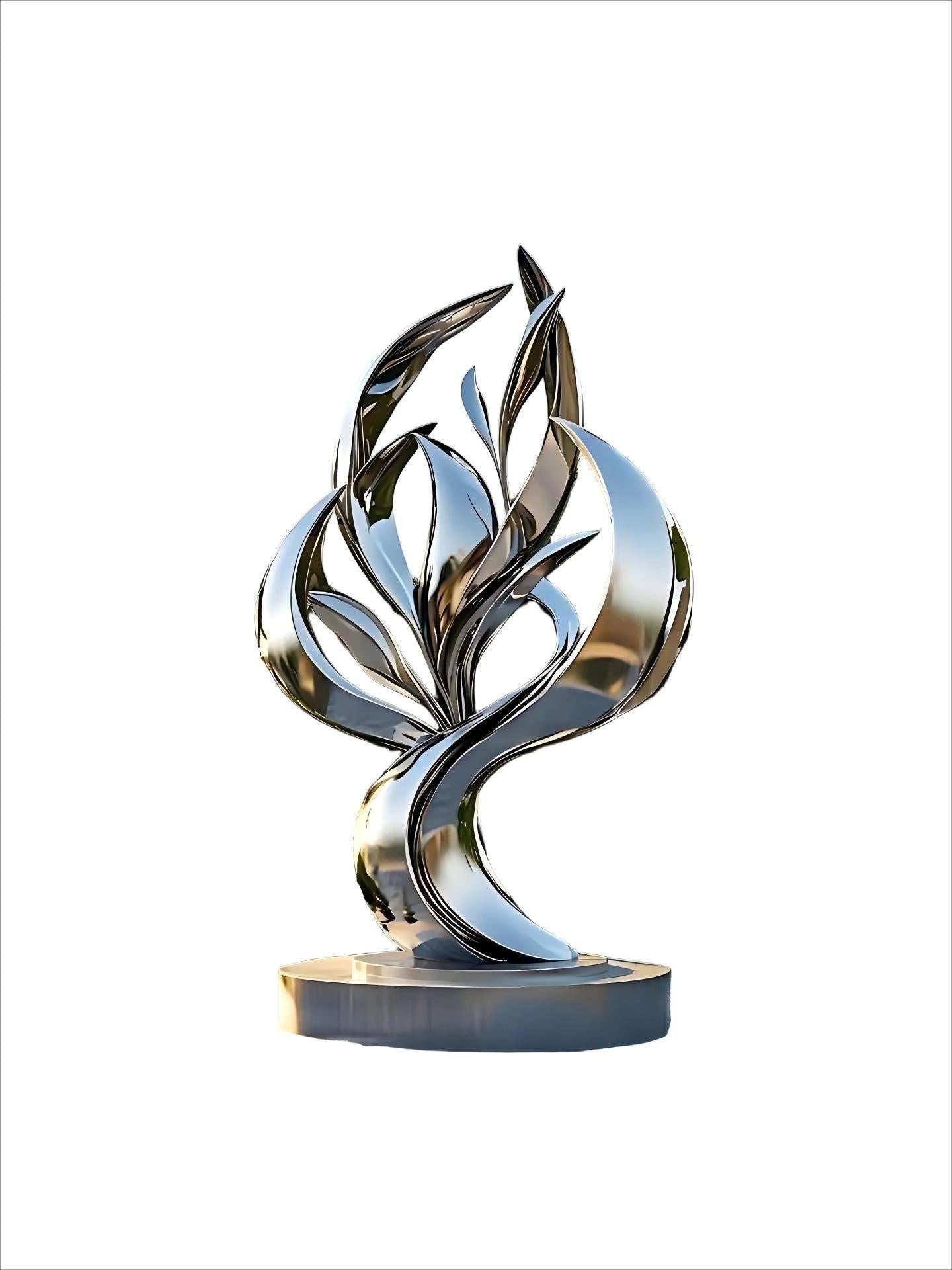 KS - 044 Modern Mirror Stainless Steel Abstract Floral Flame Sculpture - Kingstone Sculpture