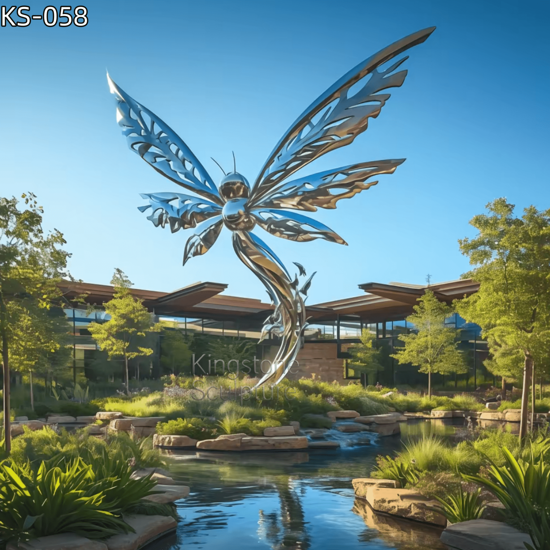 KS - 058 Modern Mirror Stainless Steel Soaring Dragonfly Sculpture - Kingstone Sculpture