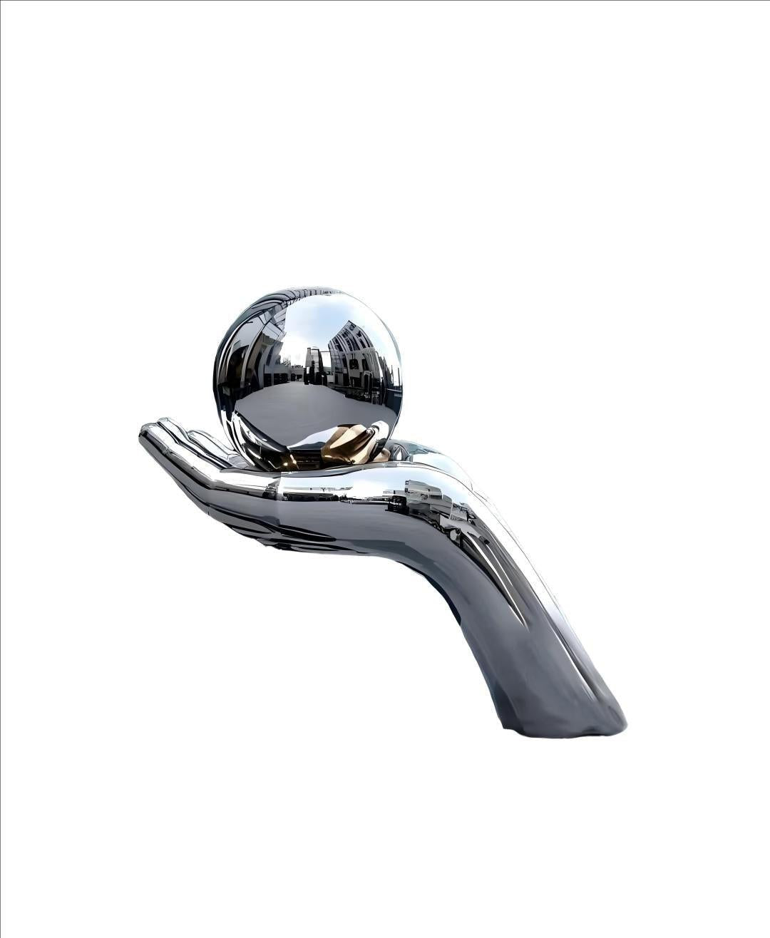 KS - 083 Modern Mirror Stainless Steel Reaching Hand and Sphere Sculpture - Kingstone Sculpture