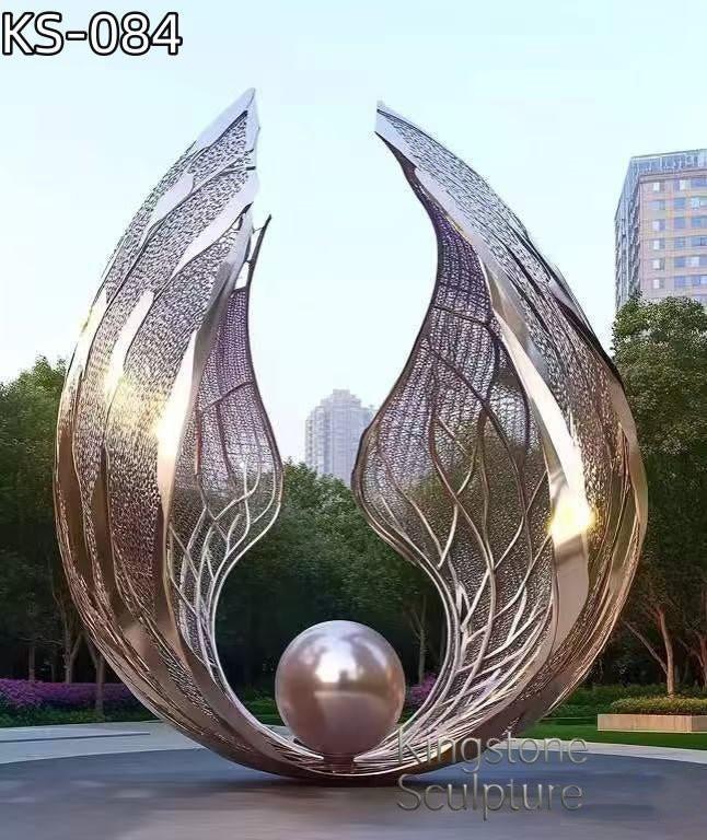 KS - 084 Modern Mirror Stainless Steel Abstract Angel Wings and Pearl Sculpture - Kingstone Sculpture