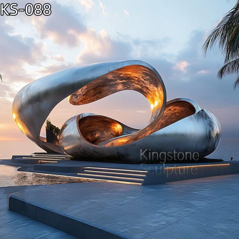 KS - 088 Modern Mirror Stainless Steel Abstract Undulating Monolith Sculpture - Kingstone Sculpture