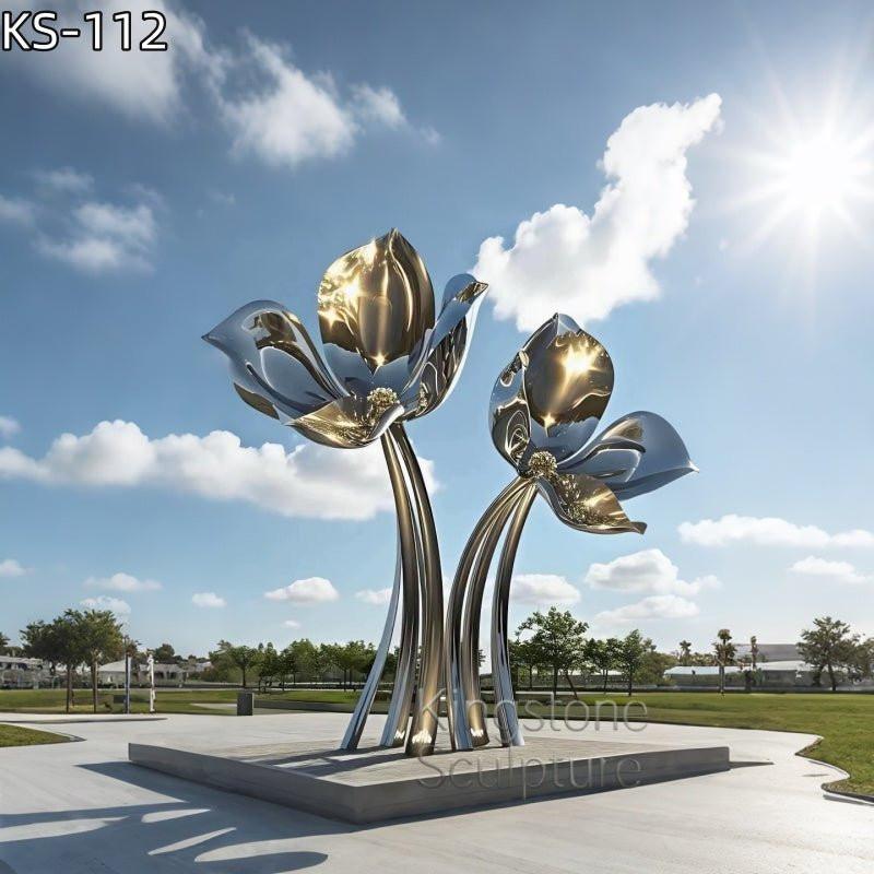 KS - 112 Modern Mirror Stainless Steel Monumental Twin Floral Blossom Sculpture - Kingstone Sculpture