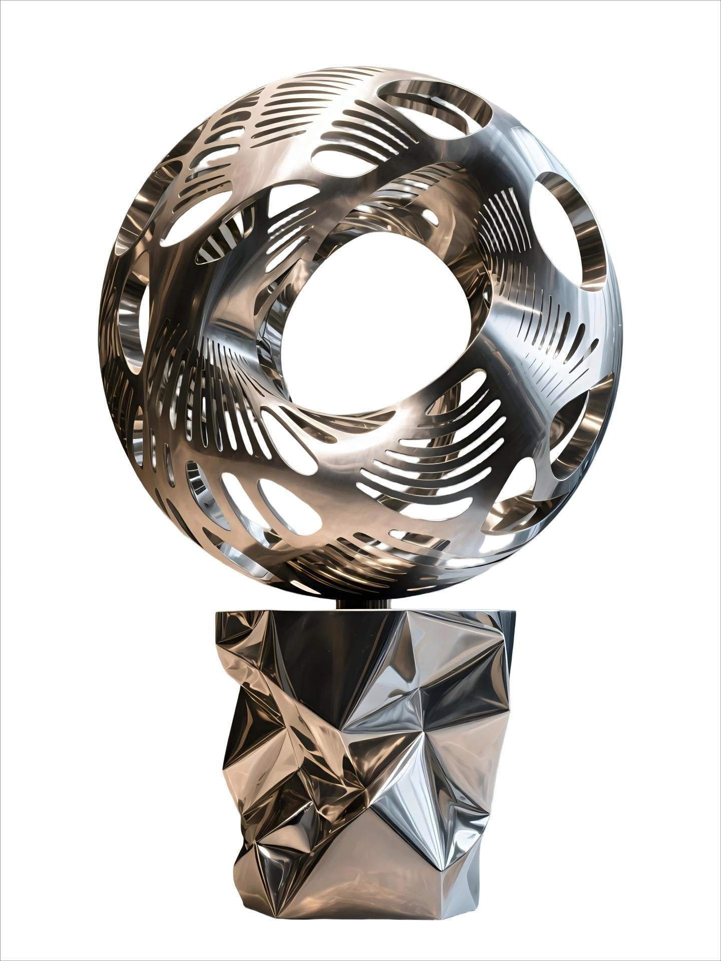 KS - 132 Modern Mirror Stainless Steel Geometric Filigree Sphere Sculpture - Kingstone Sculpture