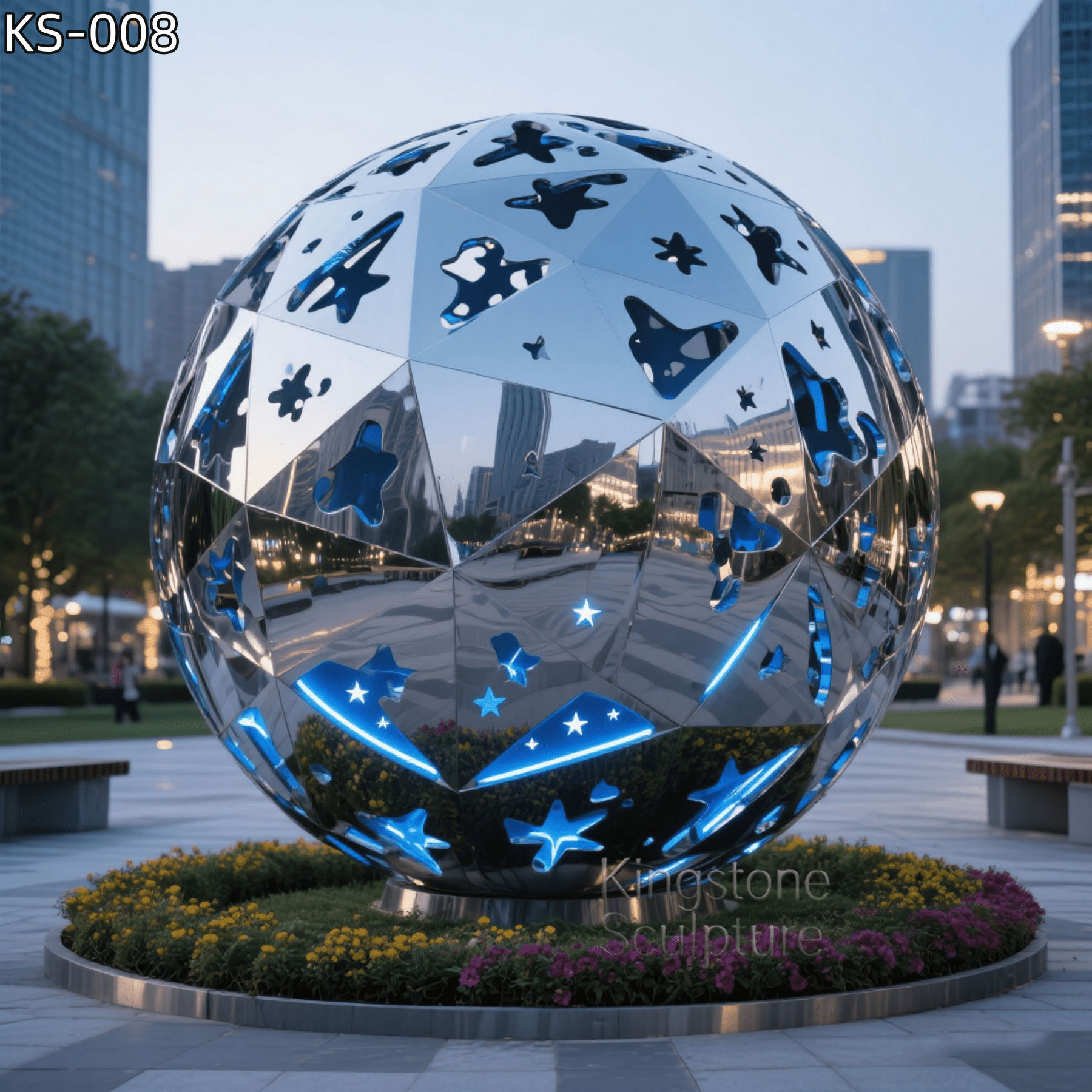 KS - 008 Modern Mirror Stainless Steel Hollow Star Sphere Sculpture - Kingstone Sculpture