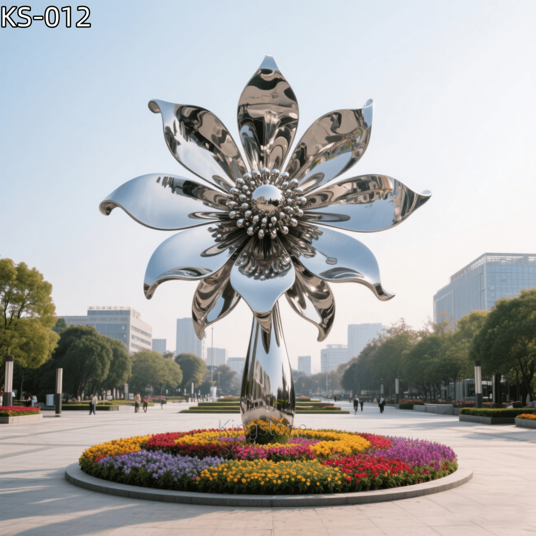 KS - 012 Contemporary Mirror Stainless Steel Blooming Flower Sculpture - Kingstone Sculpture