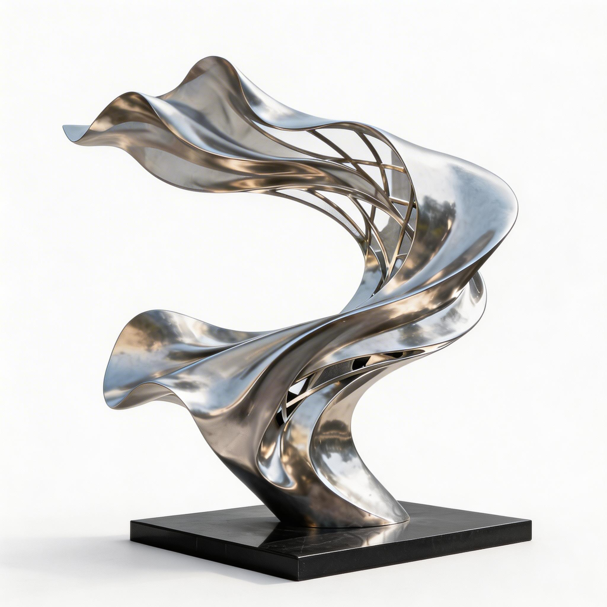 KS-155 monumental abstract twisted sculpture in flawless mirror-polished stainless steel, shown against a white background.
