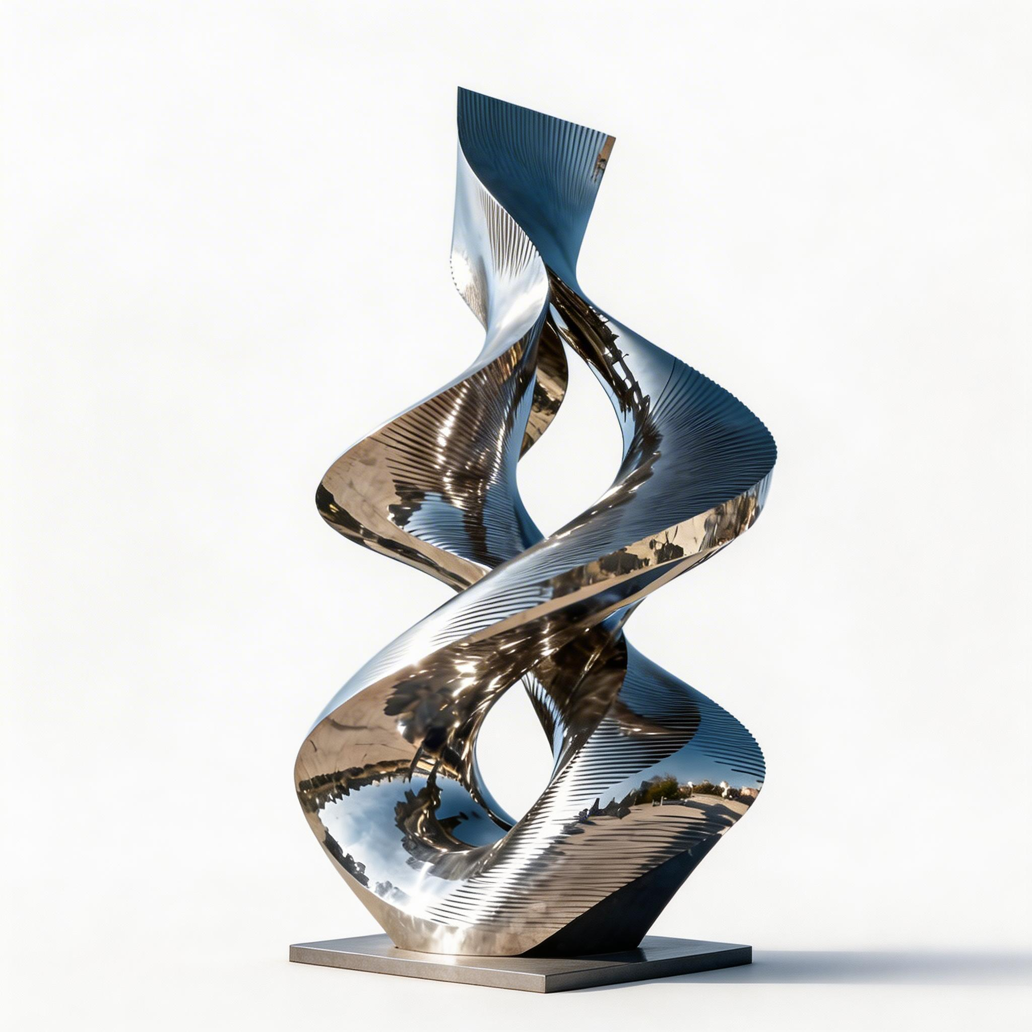 KS-157 abstract dual-flame sculpture in mirror-polished stainless steel, shown against a white background.