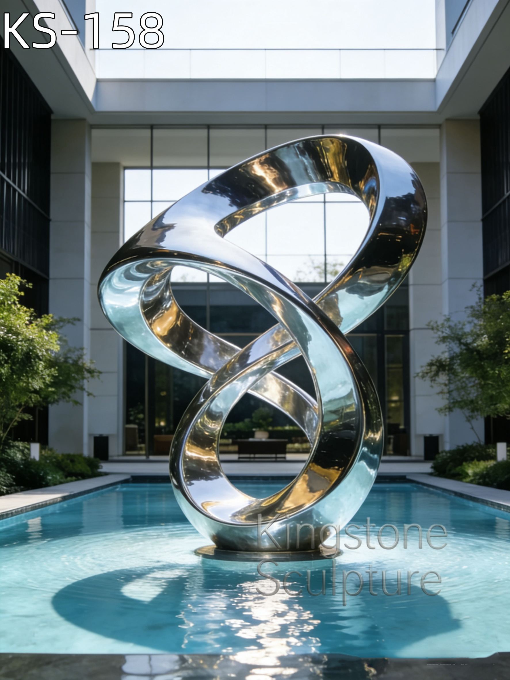 A monumental Kingstone KS-158 mirror polished stainless steel loop sculpture installed in a contemporary outdoor luxury garden.