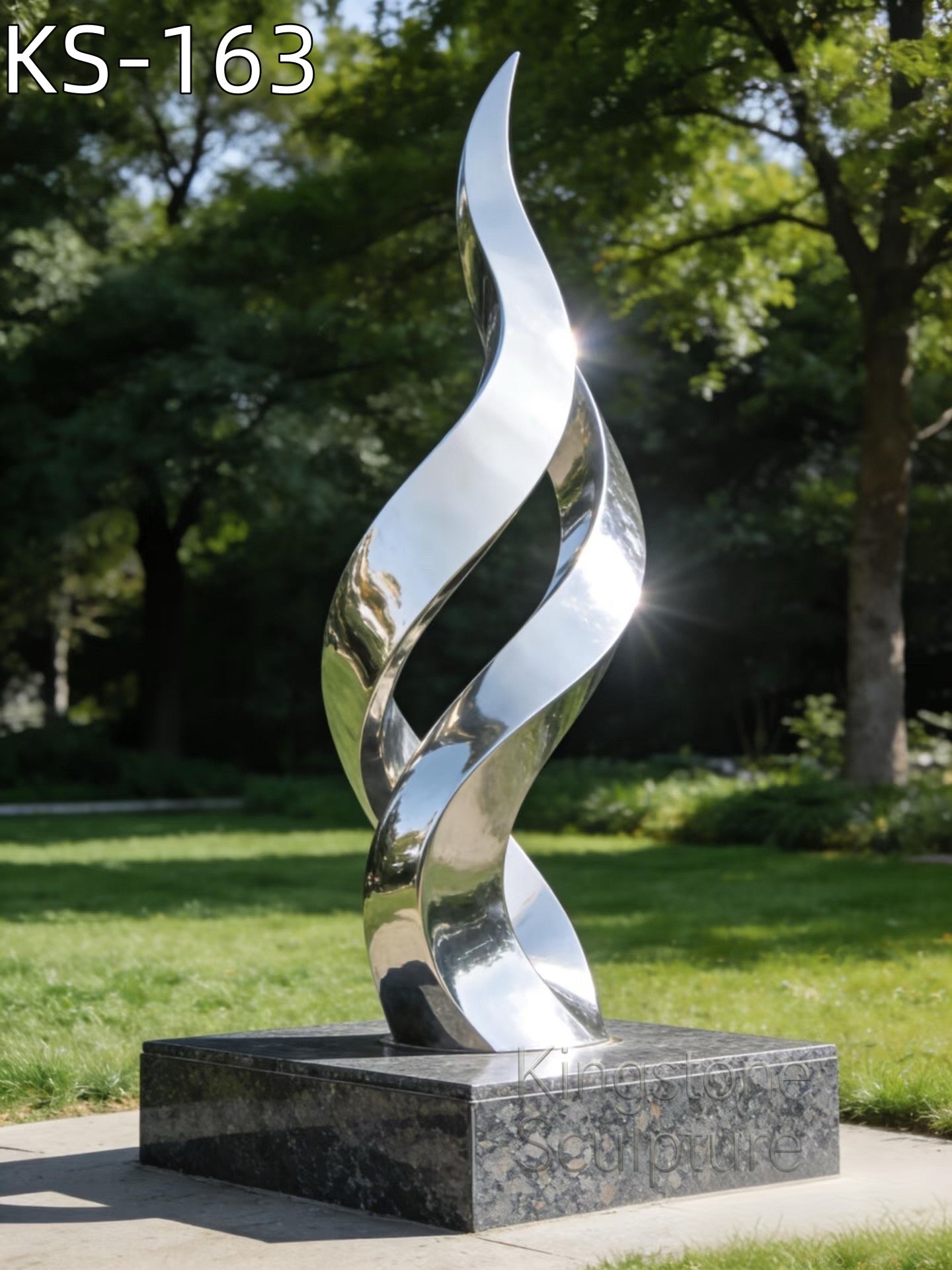 A monumental Kingstone KS-163 mirror polished stainless steel helix sculpture installed in a contemporary luxury garden near a pond.