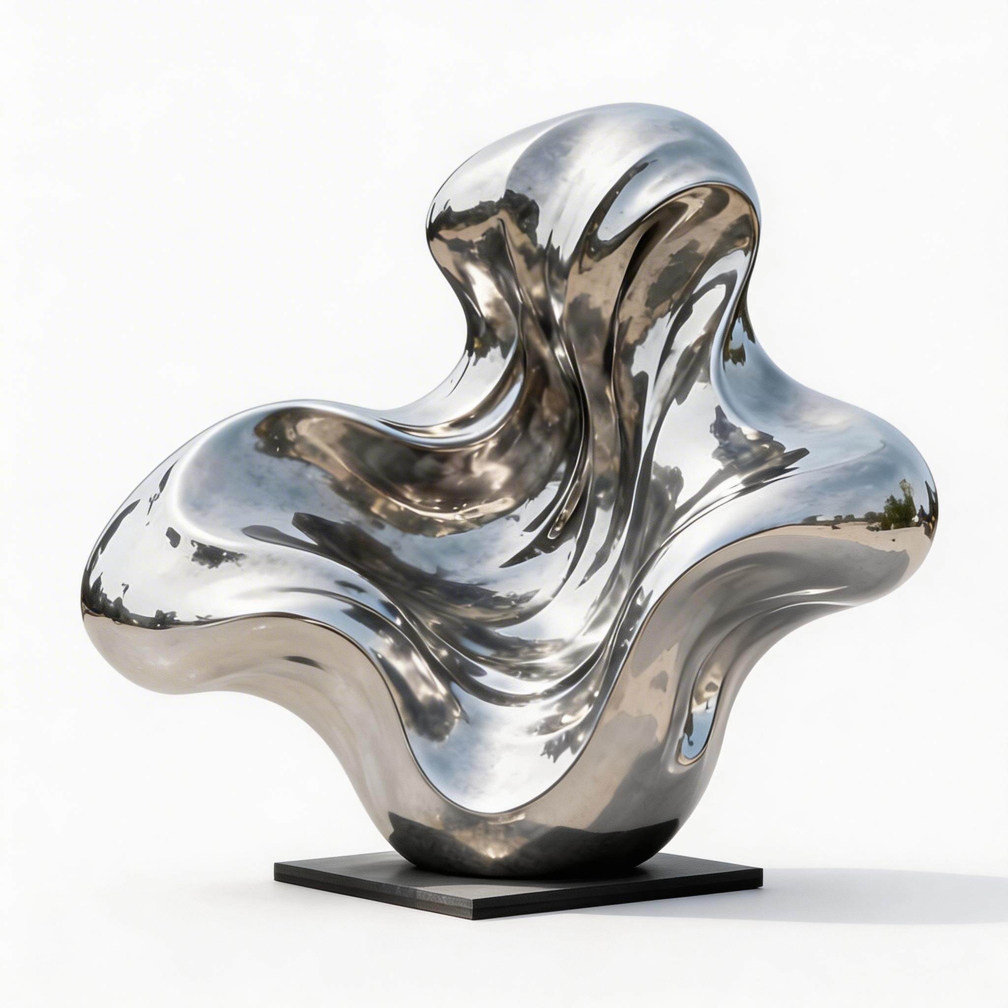 KS-164 abstract intertwined unity sculpture in mirror-polished stainless steel on a black pedestal, shown against a white background.
