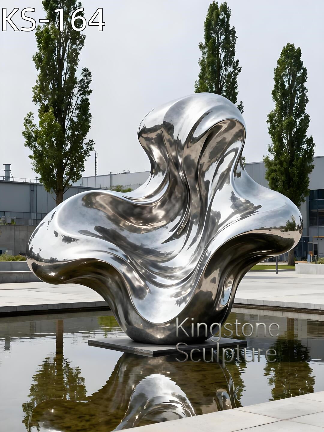 A monumental Kingstone KS-164 mirror polished stainless steel unity sculpture installed in a contemporary luxury garden near a pond.